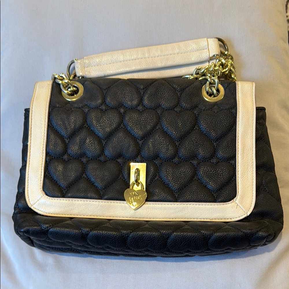 Betsey Johnson Black and Cream Quilted Heart Bag
